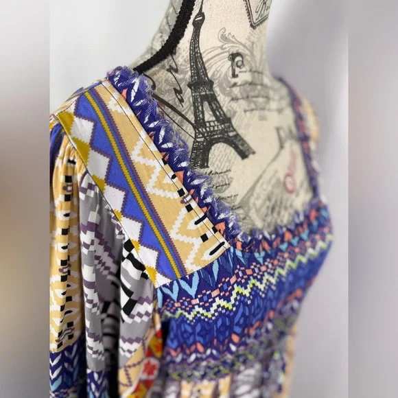 Freeway Vibrant Blue Bohemian Maximalist Fun Flutter Sleeve Tunic Dress size M - Picture 2 of 11